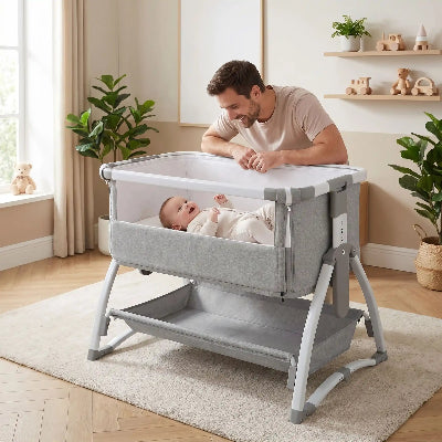 papa sourit a bebe qui sourit sans berceau