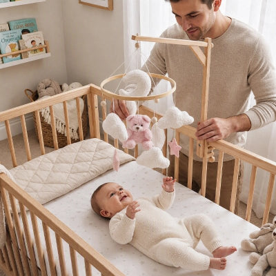Papa touche mobile bébé
