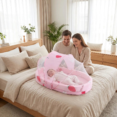 parents heureux regardant bebe sous lit toile bebe