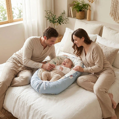parents regardant bebe dans reducteur de lit