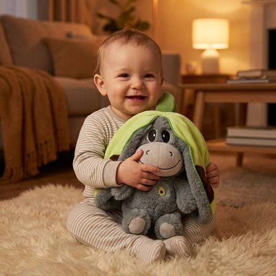 Peluche qui respire dans la main de bébé
