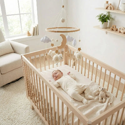 petit garcon dort sous mobile pour bébé