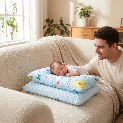 petit garcon dort sur oreiller pour bébé cote de papa