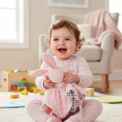 Petite fille avec doudou bebe 