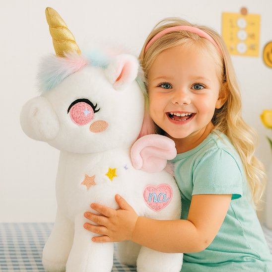 petite tient et sourit à licorne peluche
