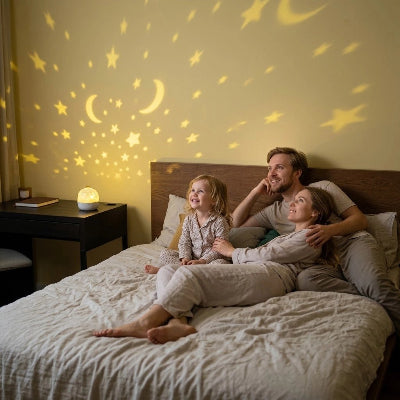 Toute la famille regarde le projecteur enfant