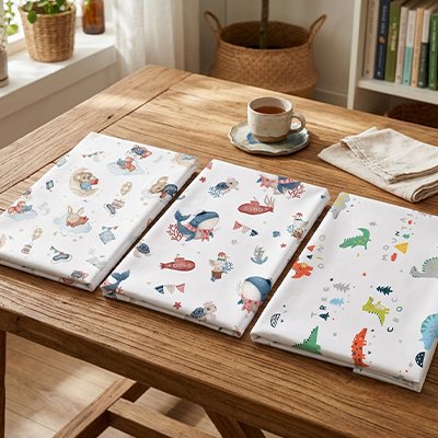 Trois drap housse lit bébé sur table