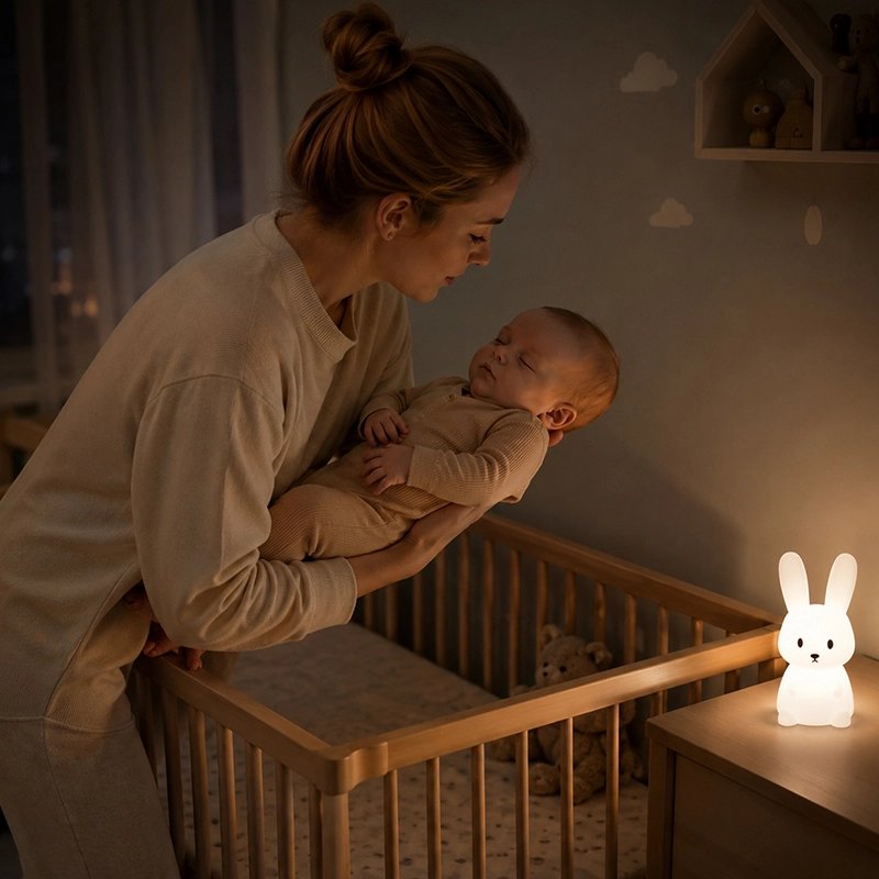 Veilleuse lapin au chevet du lit bébé