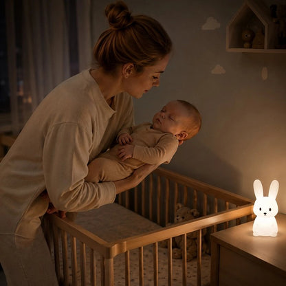 Veilleuse lapin au chevet du lit bébé