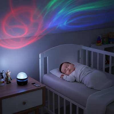 Veilleuse projection allumée et bébé dort